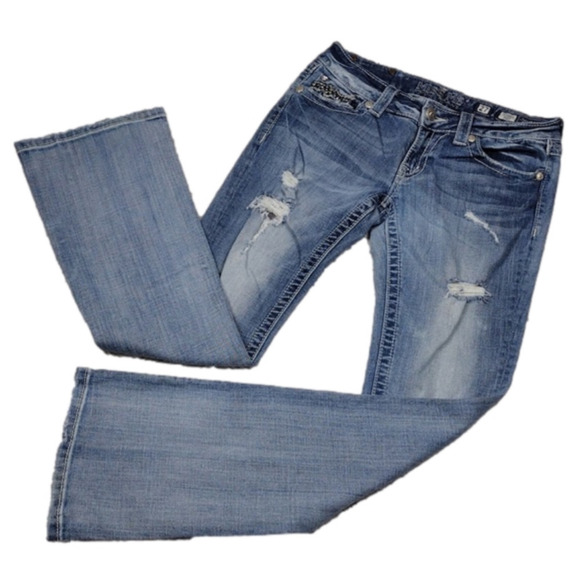 Miss Me Style JE1098BL Blue Light Wash Distressed Mid Rise Boot Cut Denim Jean - Picture 1 of 15